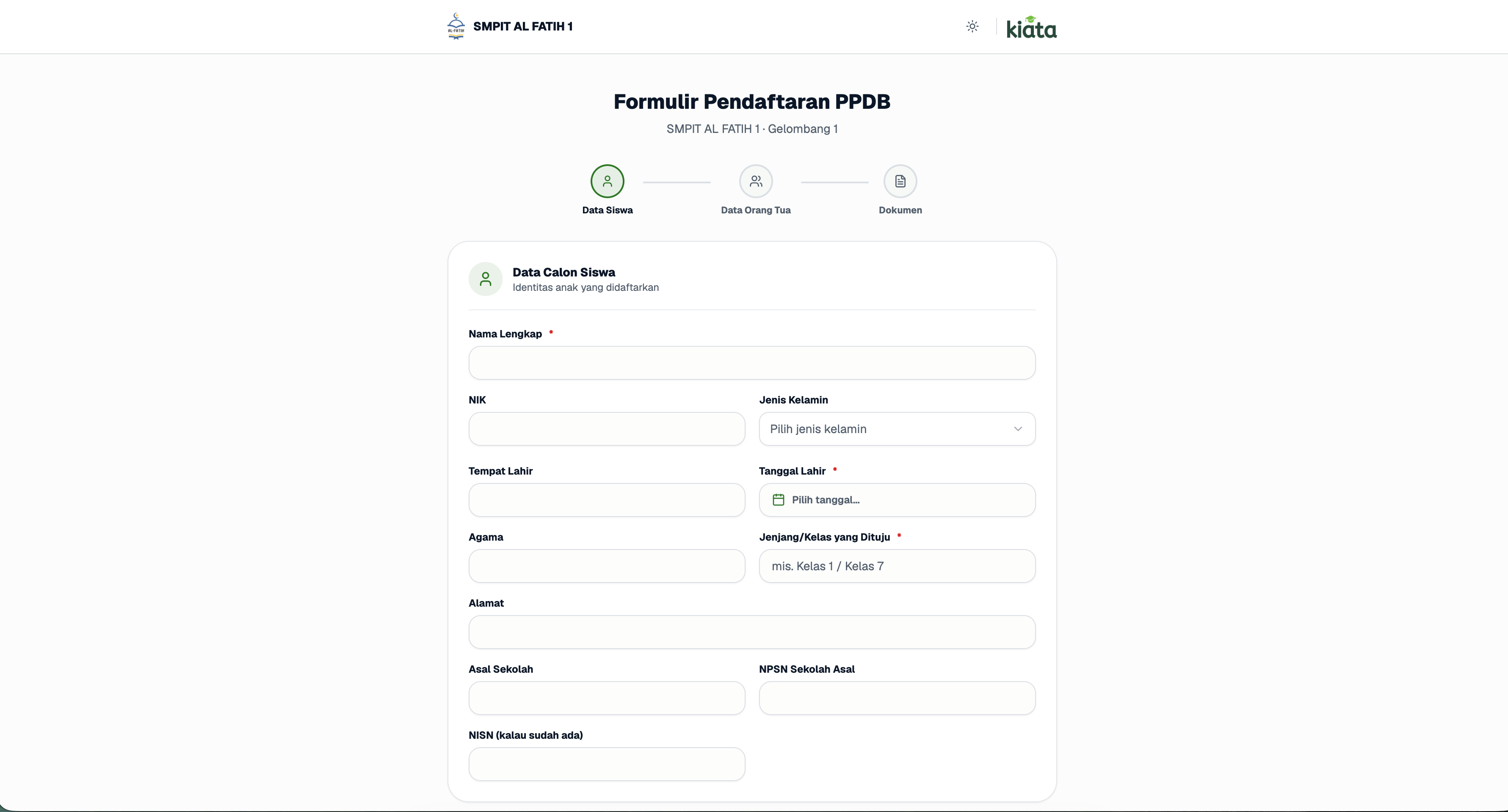 Screenshot modul PPDB Online Kiata